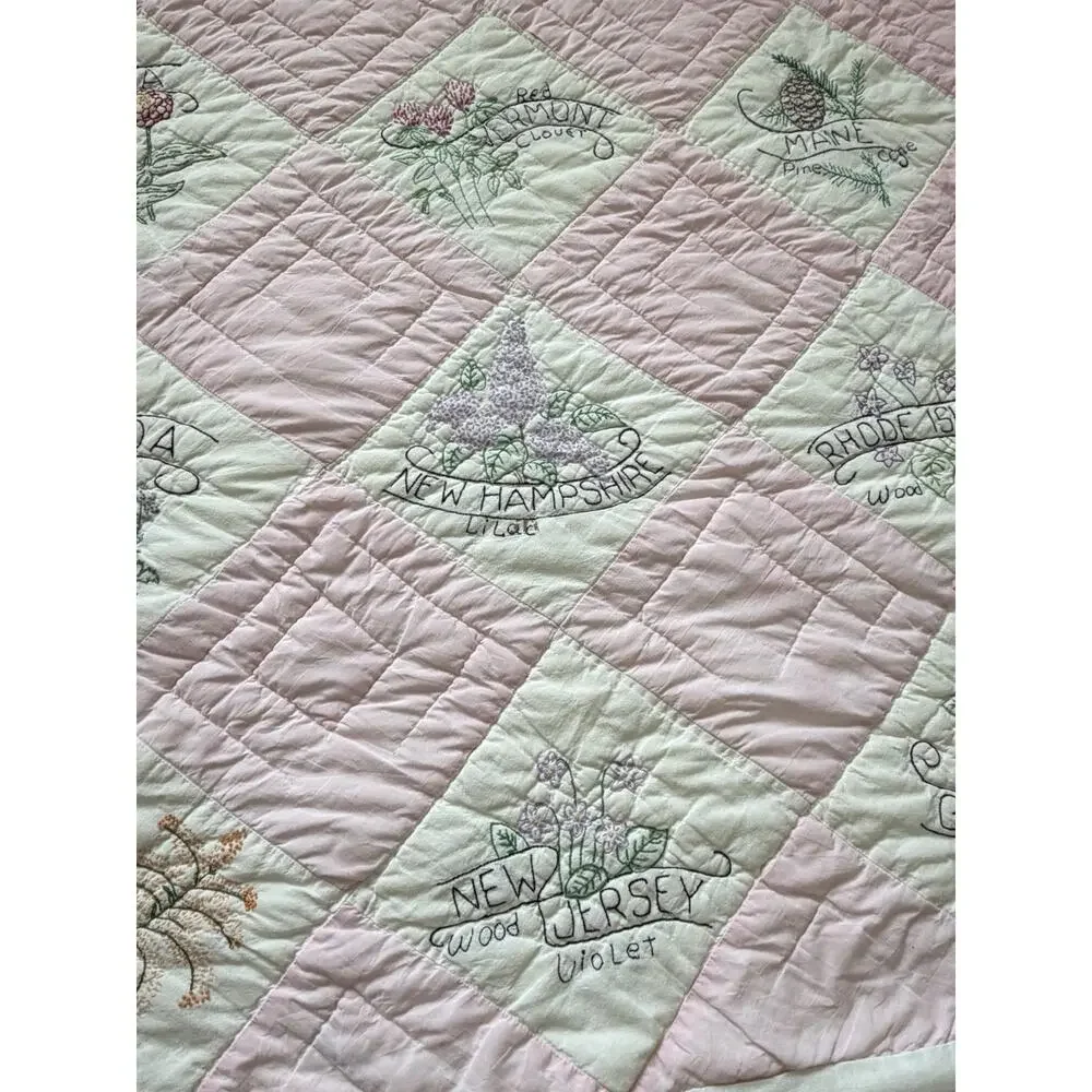 Vintage 48 US State Flower Quilt Embroidered Pink Checkered Handmade